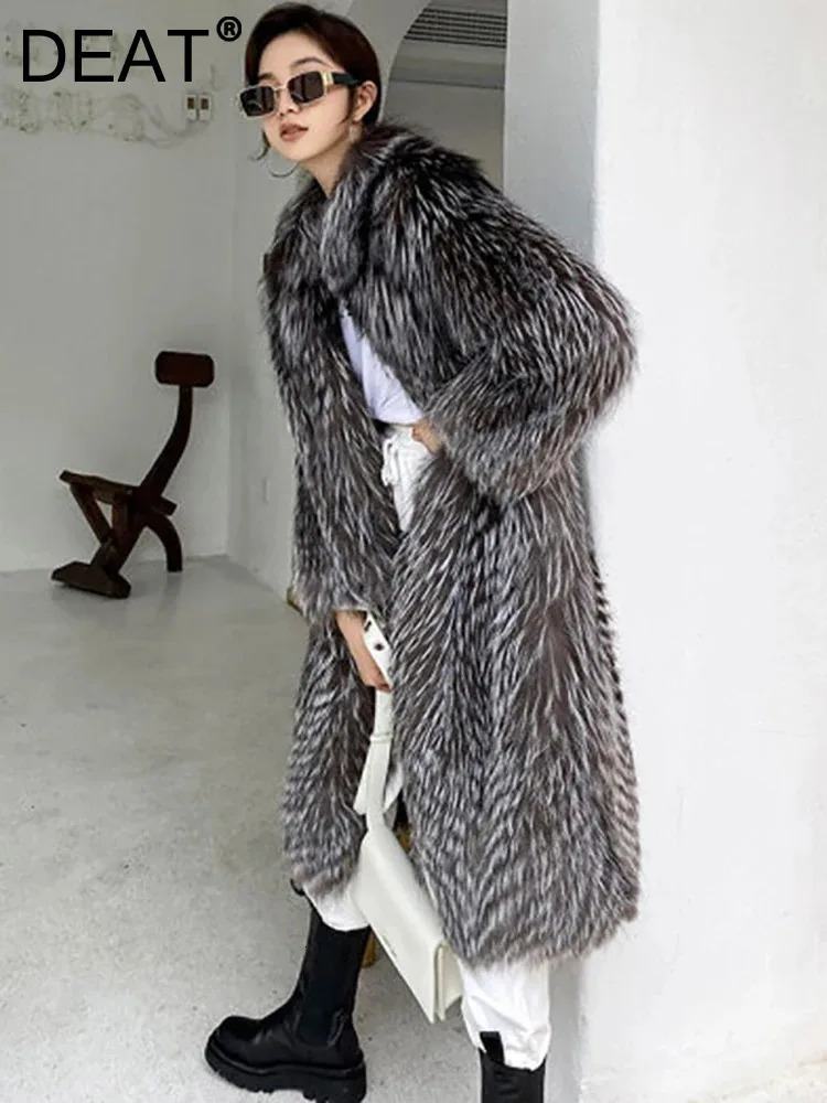 DEAT Fashion Silver Color Fur Long Coat Womens Lapel Loose Plush Thick Jacket Winter 7A1411 250930
