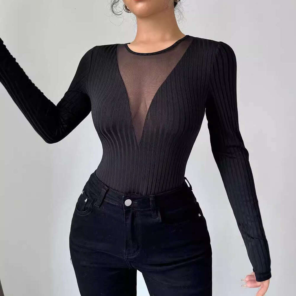 2025 New Women's Sexy Front Chest Mesh Patchwork Hollow Out Solid Color Long Sleeve T-Shirt Slimming Top