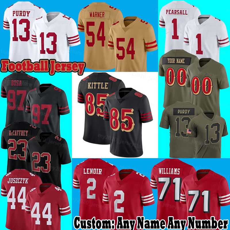 85 George Kittle Football Jerseys 13 Brock Purdy 54 Fred Warner Mykel Williams Ricky Pearsall Brandon Aiyuk Malik Mustapha Watkins Mac Jones Thomas Morstead Bosa
