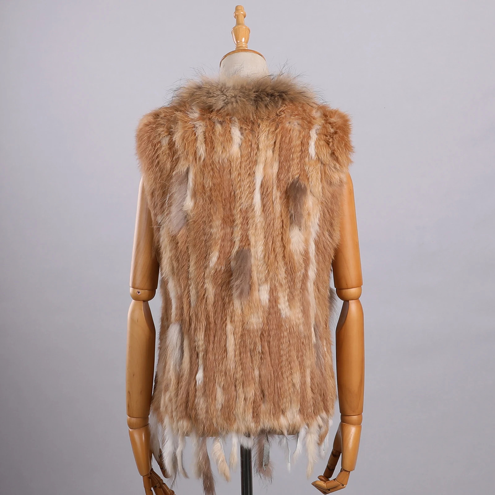 BOONJOVIA Womens 100 Real Rabbit Fur Knitted Vest Raccoon Trim Collar Gilet Lady Fashion Waistcoat For Autumn Winter 250930