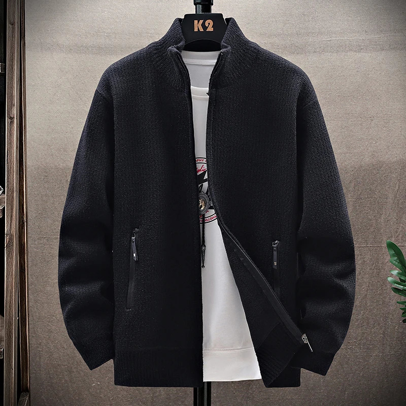 Mens Winter Sweater Thick Fleece Warm Cardigan Sweaters Casual Stand Collar Full Zip Cardigans Pockets Solid Outwear 250929