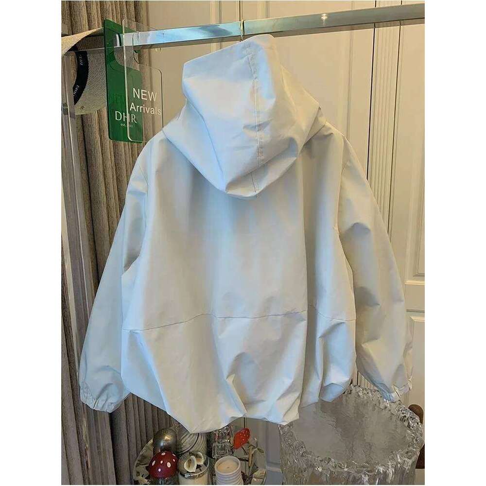 Unique Women Spring Autumn Hooded Short Jacket Casual Drawstring Pocket Windbreaker Loose Zipper Basic Coat