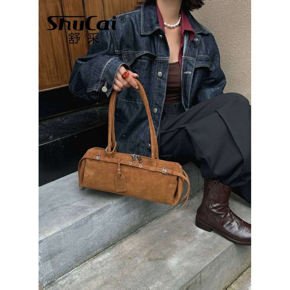 Enjoy Exquisite Lifestyle French Sausage Tote 2026 Winter Matte Suede Cow Leather Women Handbag Long Handle Armpit Shoulder Bag