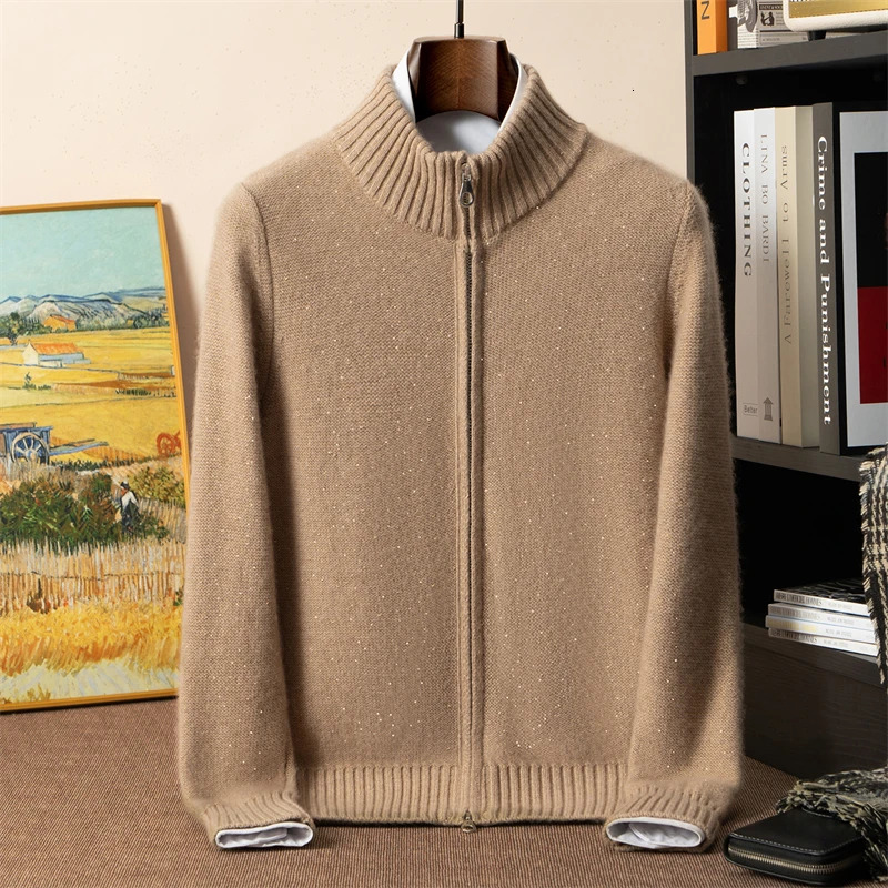 550g 100 Pure Cashmere Sweater Mens DoublePly Thickened Golden Bean Yarn Cardigan Loose Knitted Base Shirt 250929