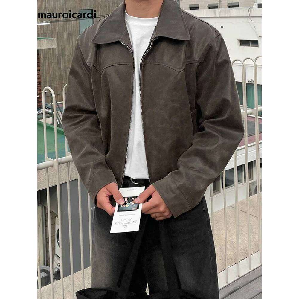 Mauroicardi Spring Autumn Vintage Lightweight Distressed Washed Brown Pu Leather Jacket Men Zipper Casual Korean Fashion Clothes