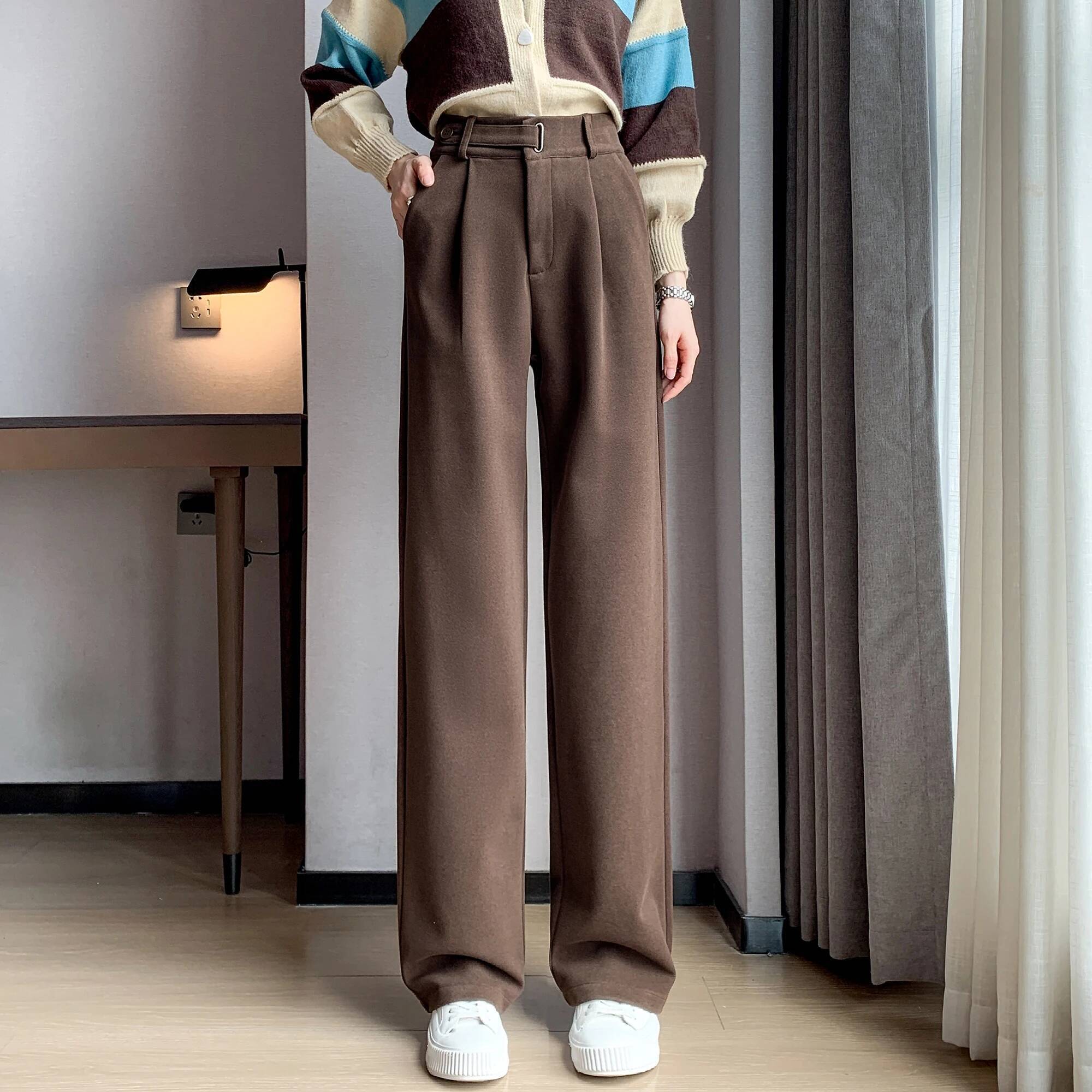 Seoulish Autumn Winter Thicken Woolen Casual Loose Full Length Pants 2025 New Button High Waist Chic Wide Leg Trousers Female dongdumaoyi