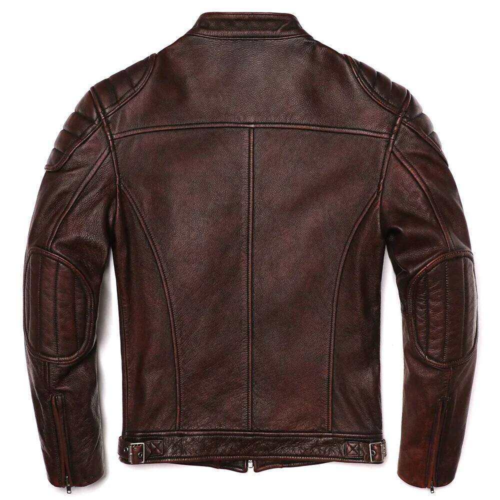 2025 Vintage Brown Genuine Leather Jacket Real Natural Cowhide Men Motorcycle Biker Mens Slim Calf Skin Coat