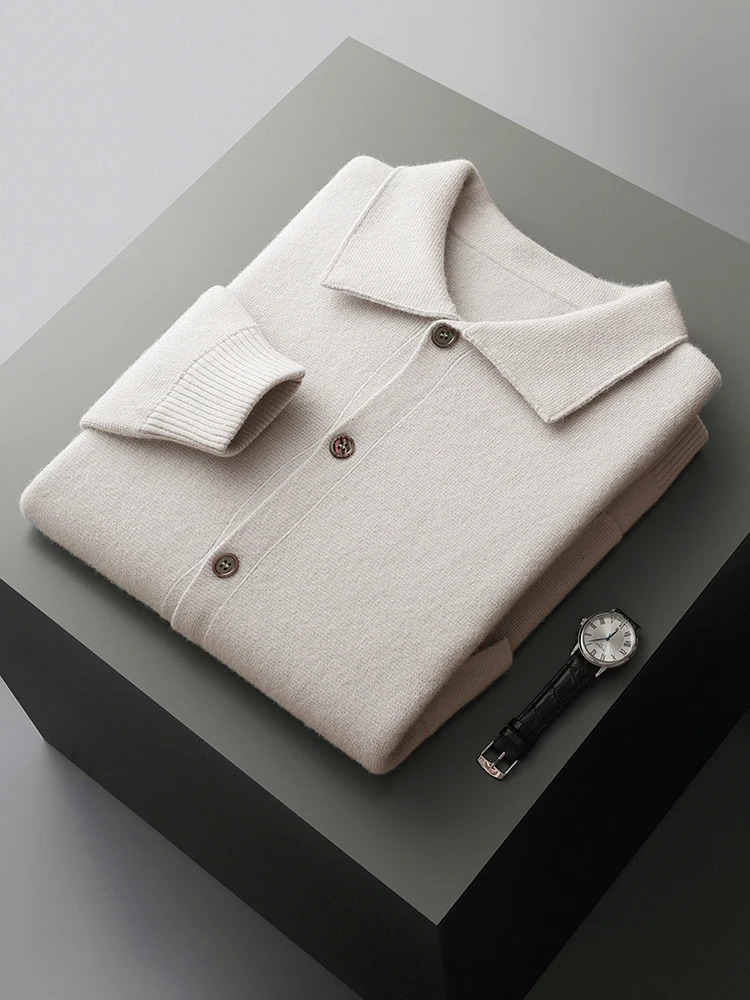 Spring Autumn 100 Merino Wool Knitwear Men Sweater High Quality Turndown Collar Single Breasted Solid Color Cardigan Soft Tops 250929