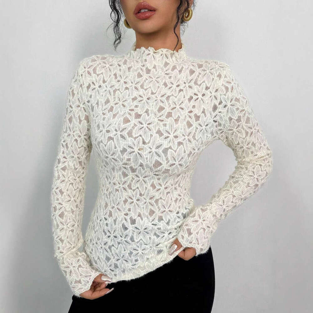 2025 Autumn Winter New Women's Ruffled Half Turtleneck Lace Slim Fit T-Shirt Top