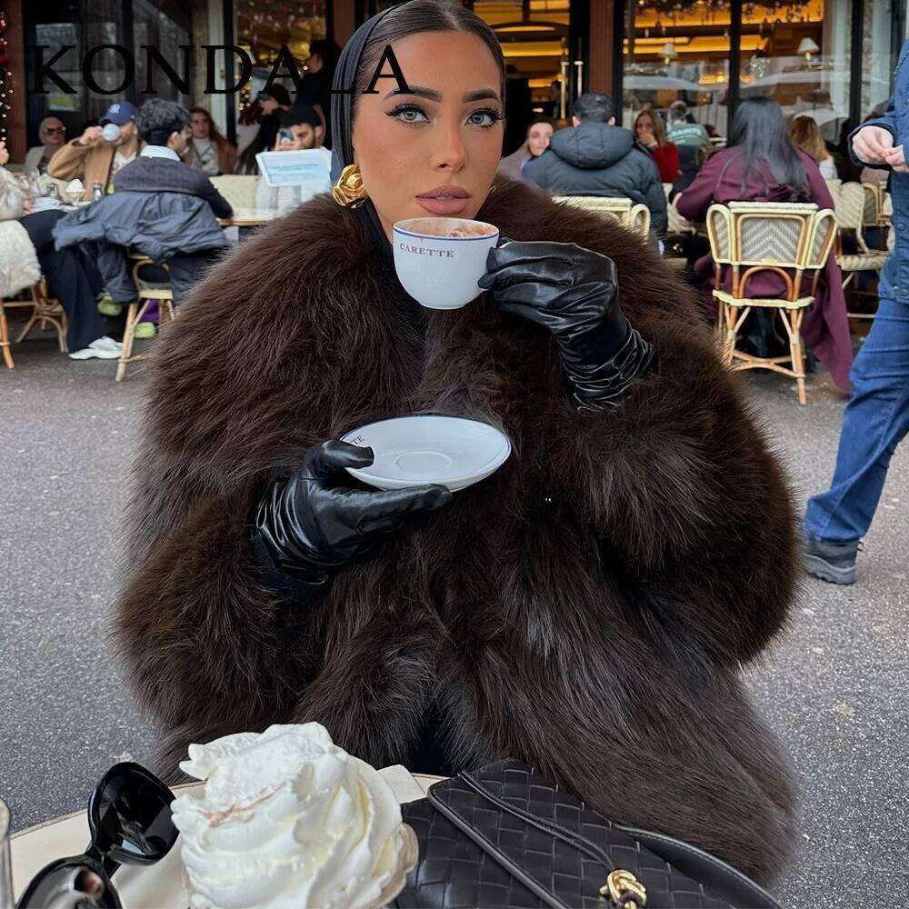KONDALA 2025 Fall Winter Casual Faux Fur Brown Women Warm Jackets Streetwear Turn Down Collar Christmas Oversized Elegant Coats