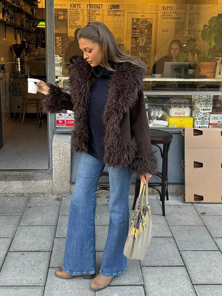Vintage Solid Faux Fur Jacket Casual Plush Lapel Open Coats Female Autumn Winter Trendy Elegant Warm High Street Outwear 250930