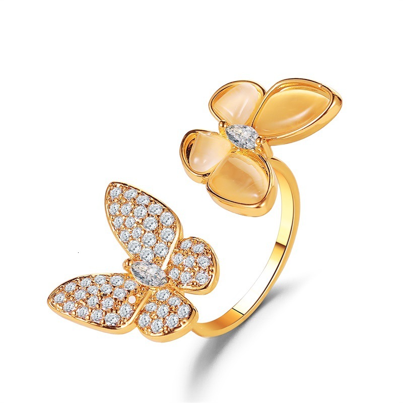 Exaggerated White Mother-of-Pearl Butterfly Fashion Adjustable Open Elegant Cat's Eye Stone Index Finger Ring