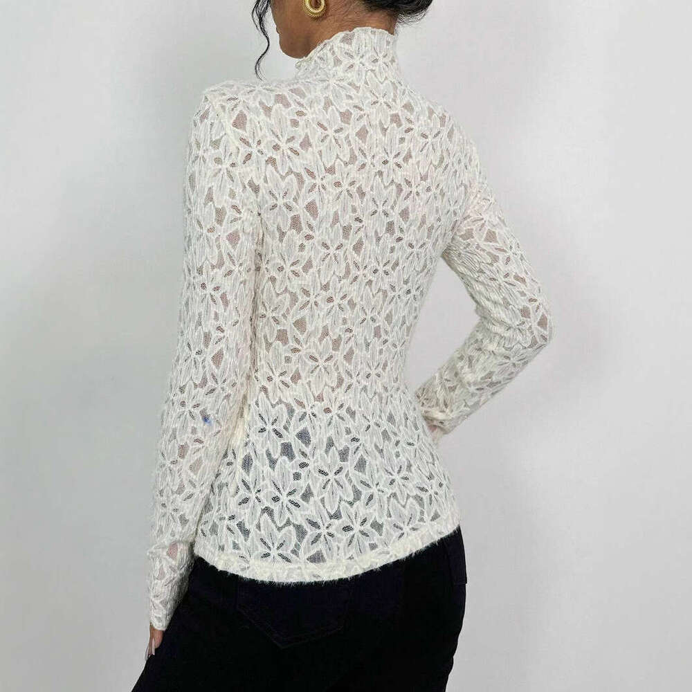 2025 Autumn Winter New Women's Ruffled Half Turtleneck Lace Slim Fit T-Shirt Top