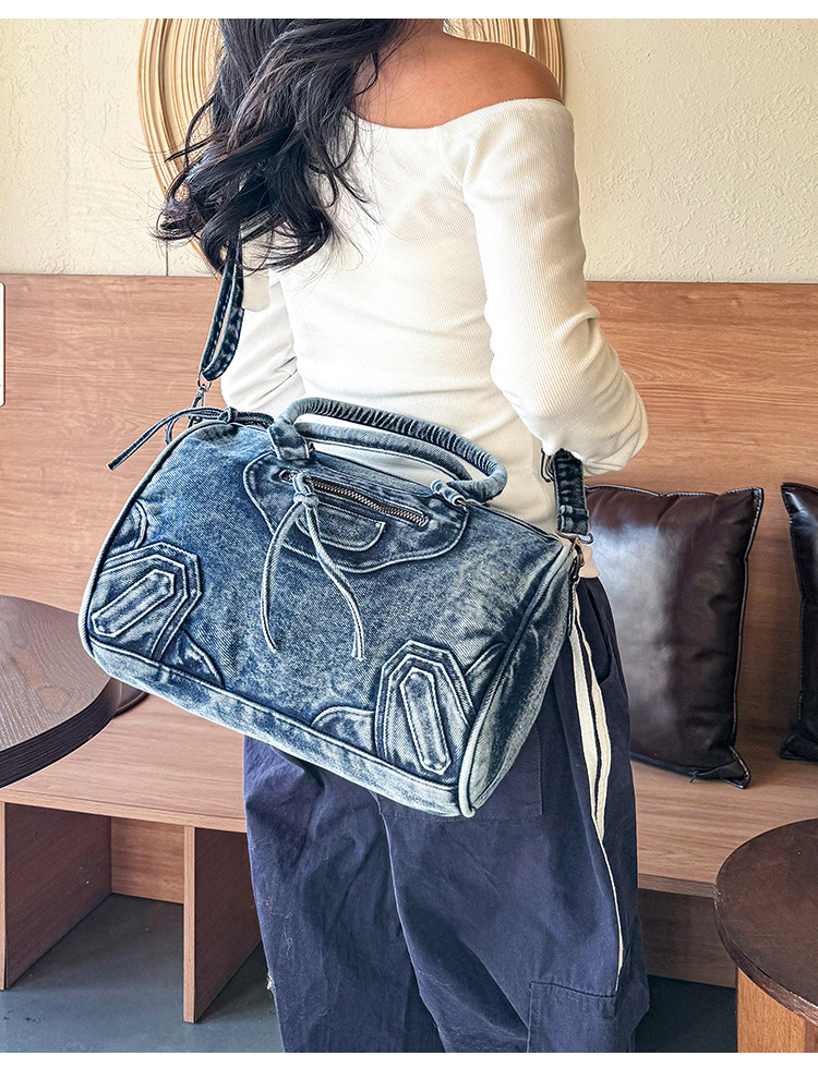 Retro motorcycle style denim bag European and American style large capacity autumn and winter new luxury bag fashionable versatile style designer bag