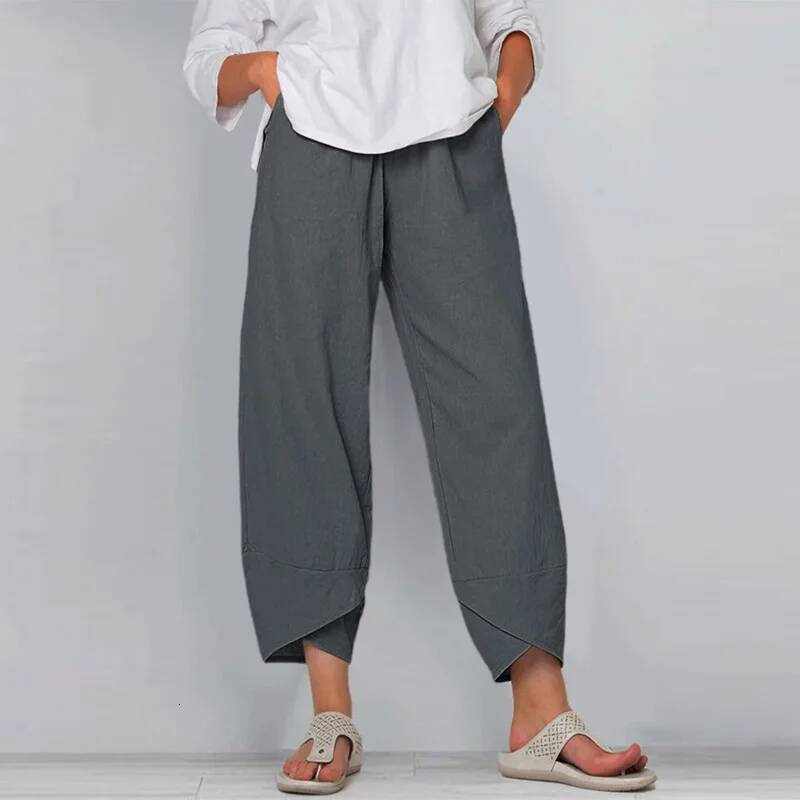 Vintage Print Women Pants Fashion Irregular Casual High Elastic Waist Straight Loose Trousers Summer Lady Cargo Pantalon dongdumaoyi
