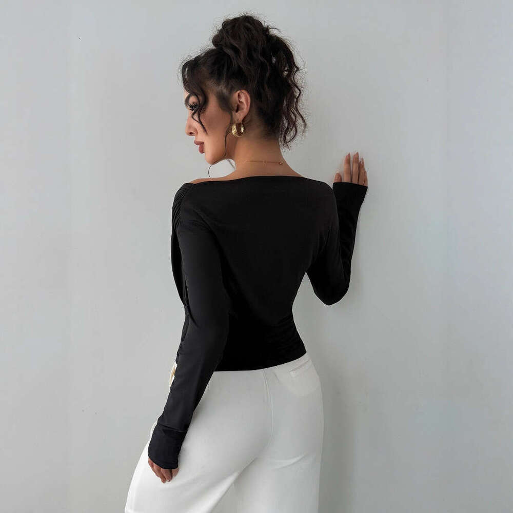 2025 Autumn Winter New Solid Color Fashion Asymmetrical Neck Off-Shoulder Slimming Long Sleeve Versatile Commuter Top