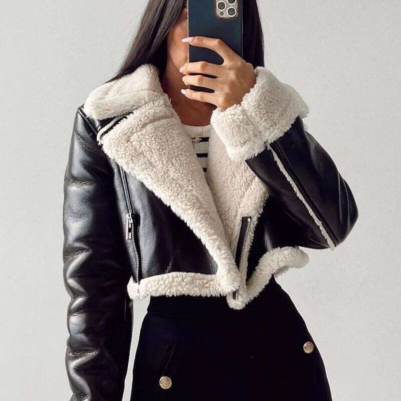 2024 Autumn Winter Women Faux Lamb Leather Fur Short Jackets Lady Moto Biker Zipper Coats Thicken Warm Female Vintage Outerwear