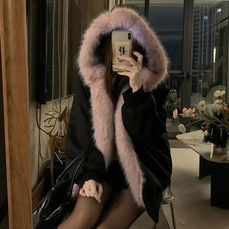 DoubleSided Warm Fur Coat Women Autumn Winter Loose Thicken Plush Cotton 2025 Hooded Mink Outwear 250930