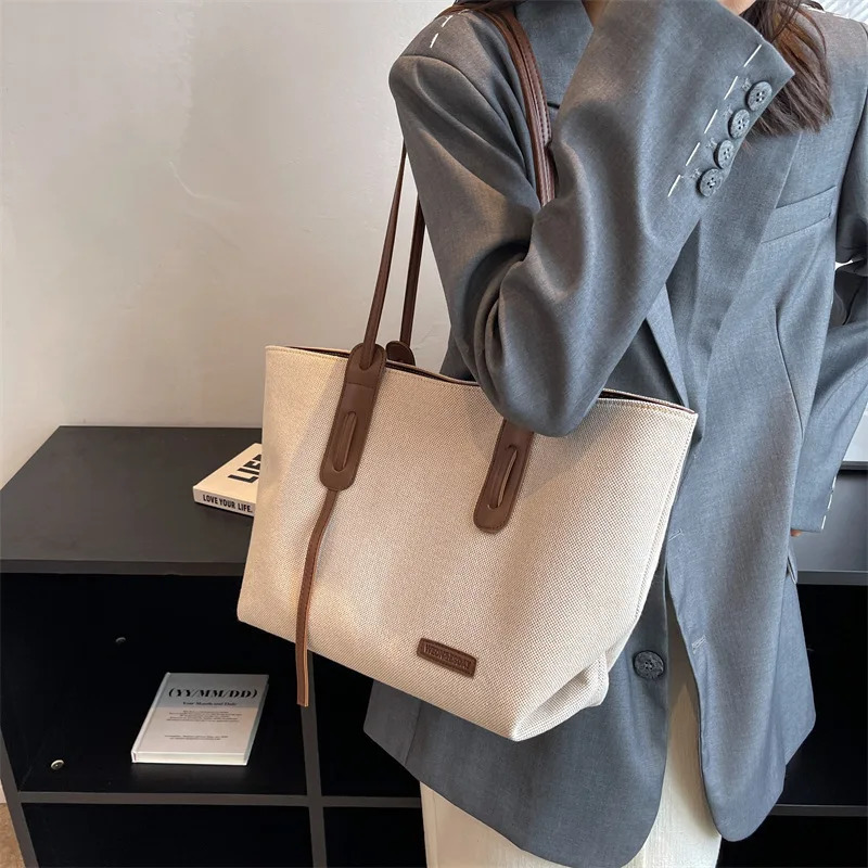 Young Womens Tote Bag Large Capacity Canvas College Student Book Handbag Womens White Shoulder Bag Fashionable Work Handbag 250929