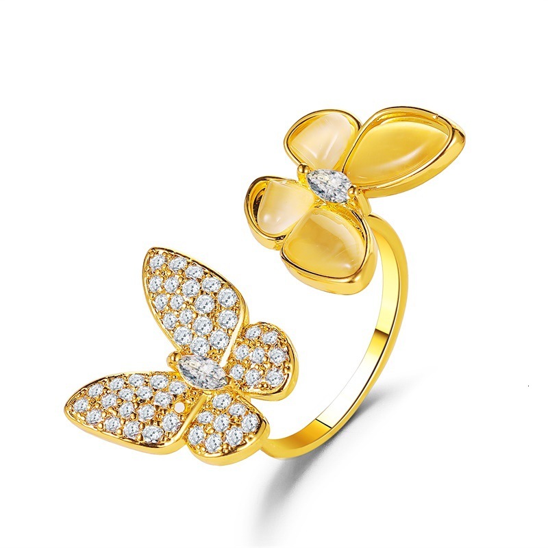 Exaggerated White Mother-of-Pearl Butterfly Fashion Adjustable Open Elegant Cat's Eye Stone Index Finger Ring