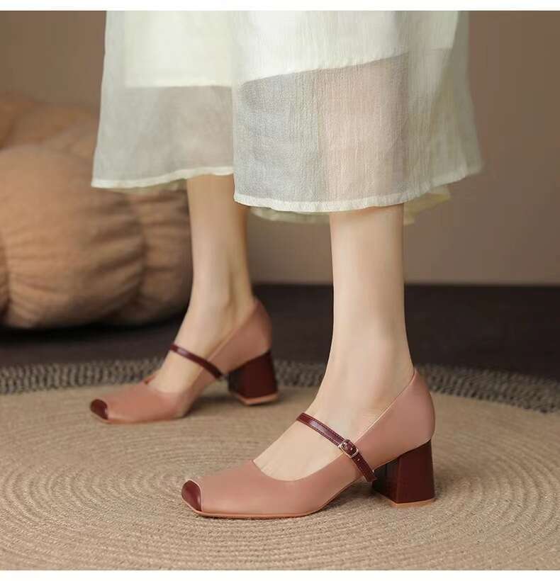 High heels Designer Shoe Women 2025 Autumn Genuine Soft Leather Pink Pig Nose Square Toe French Style heelegant Chunky heel Mary Jane Single Shoes