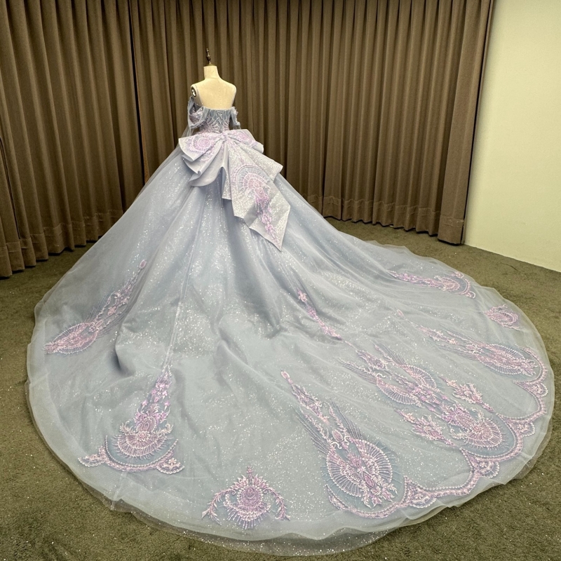 Blue Quinceanera Dresses Off The Shoulder Applique Lace Beading Crystal Bow Tull Party Birthday Sweet 16 Dress Vestidos 15 De Anos