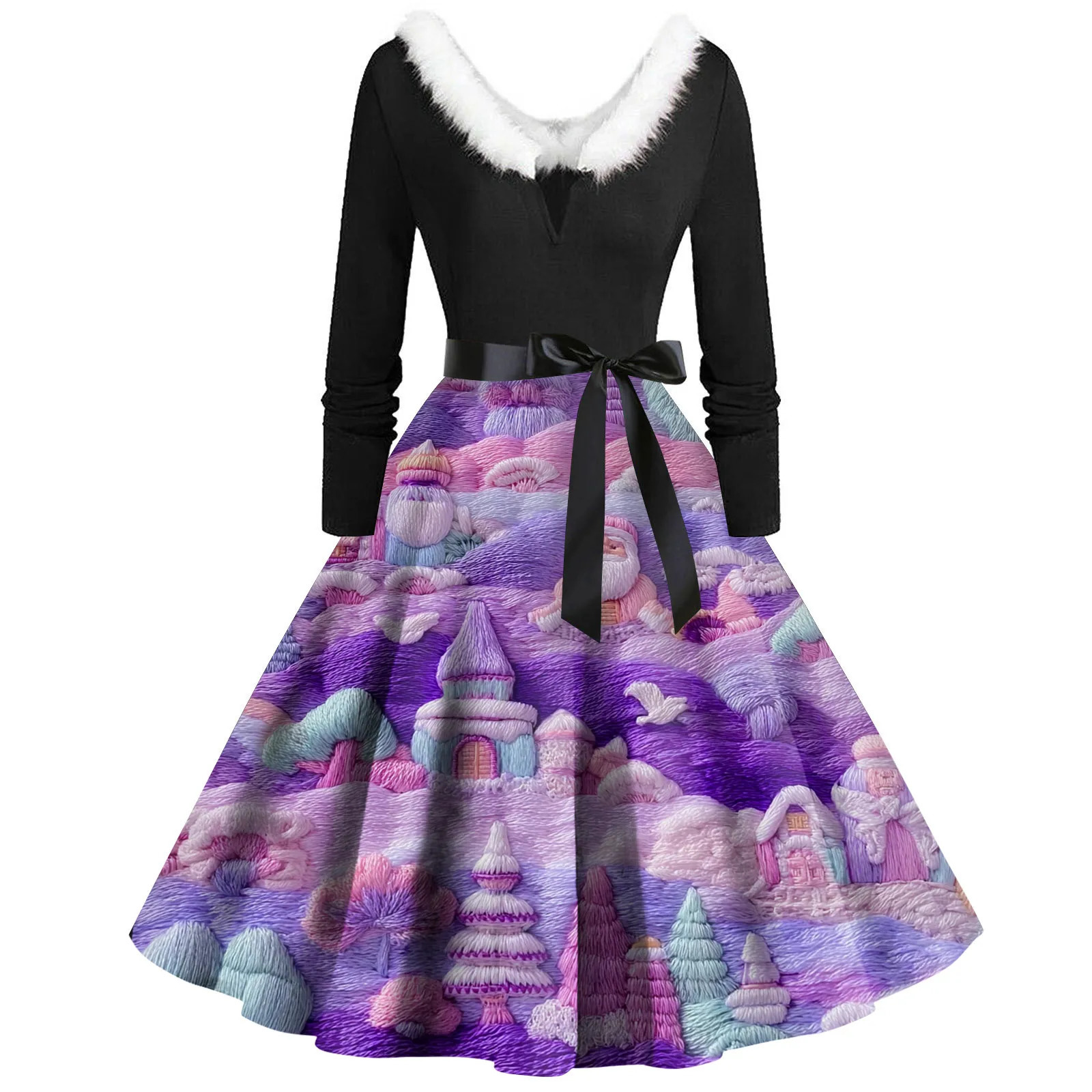 Christmas Ladies Fashionable Round Neck Casual Print Long Sleeved Dress With Large Swing Party And Holiday Attire 250930