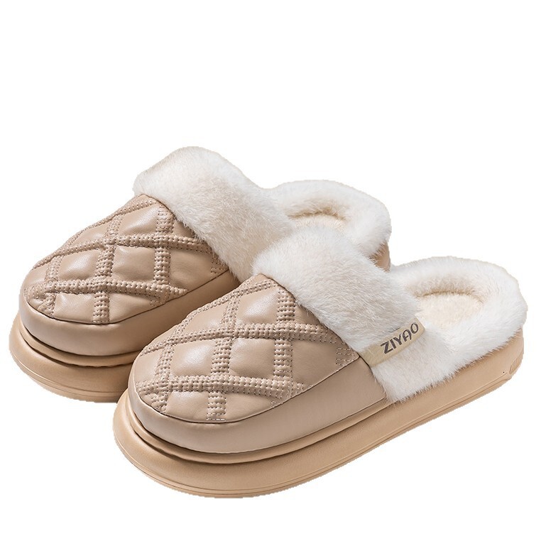 PU Leather Waterproof Cotton Women Winter Warm 2025 New Thick Sole Silent Non-Slip Plush Slippers for Men ddmymarket