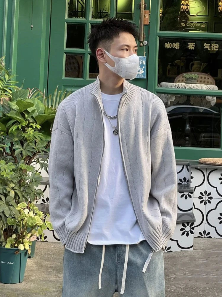 Knitted Cardigan Male with Zipper Jackets Solid Color Mens Sweaters Loose Purple Long Sleeve Original High Quality Woven 250929