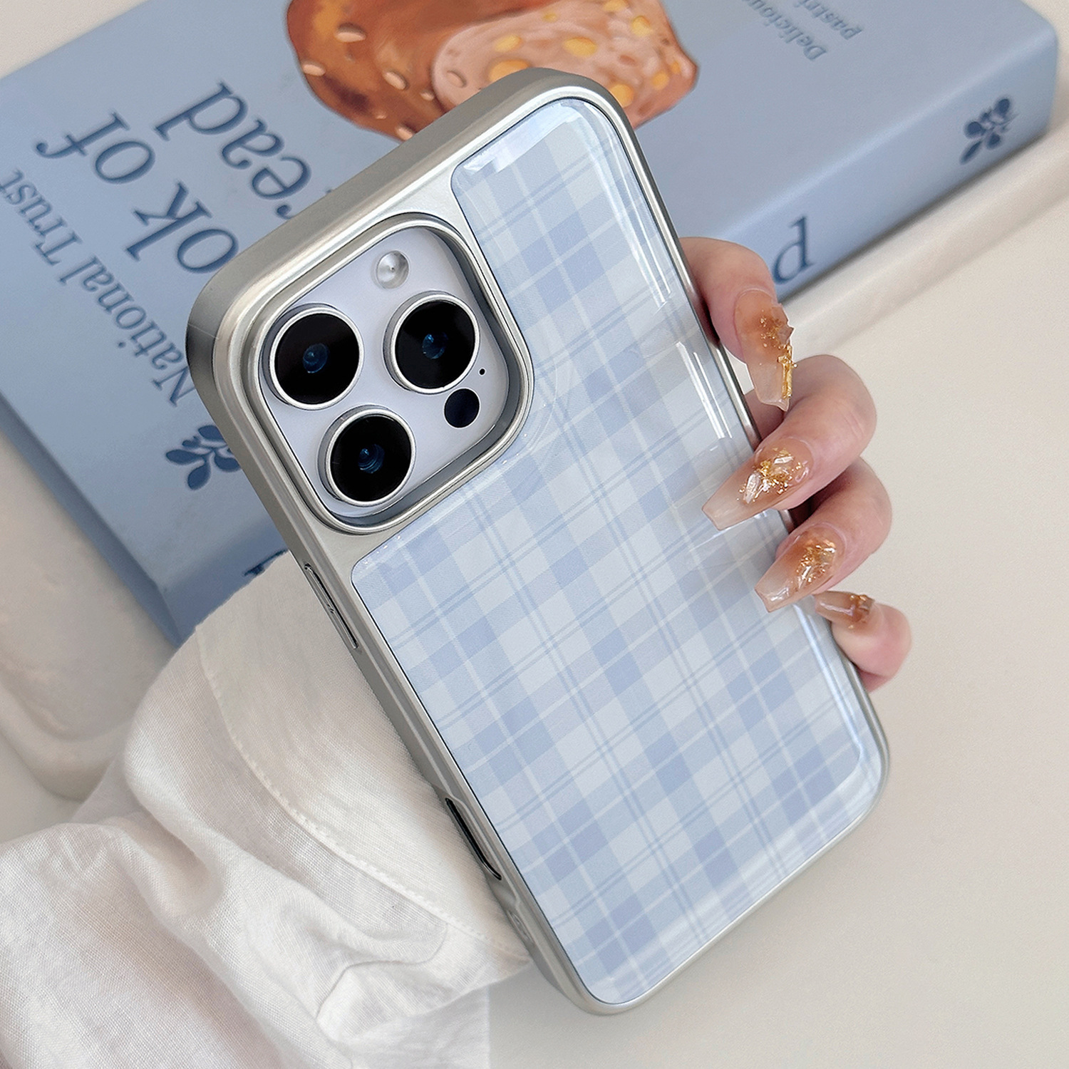 Compatible with iPhone 17 Pro Max Case, Aesthetic Cute Elegant Blue Plaid Pattern Soft TPU Hard Back Shockproof Protective Cover for Women Girls