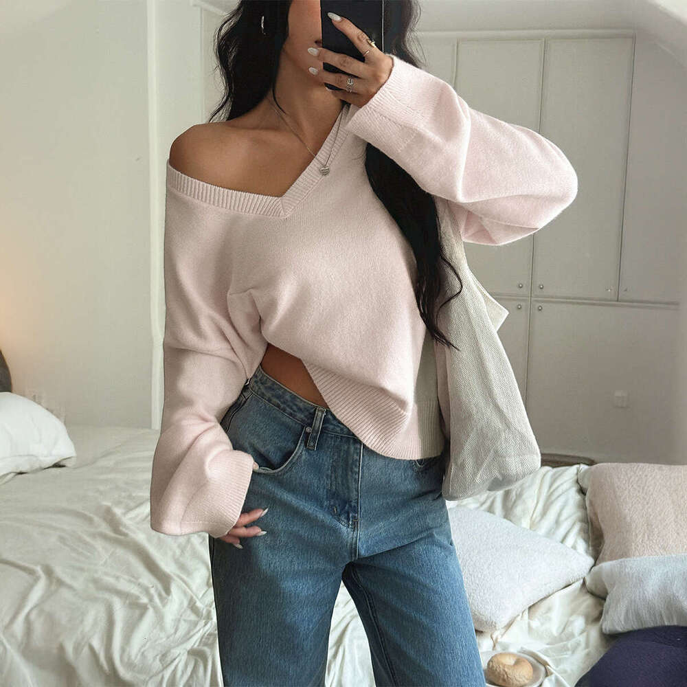 Y2K Hot Girl Style V-Neck Solid Color Long Sleeve Sweater Knitted Women's Clothing 2025 Autumn Winter