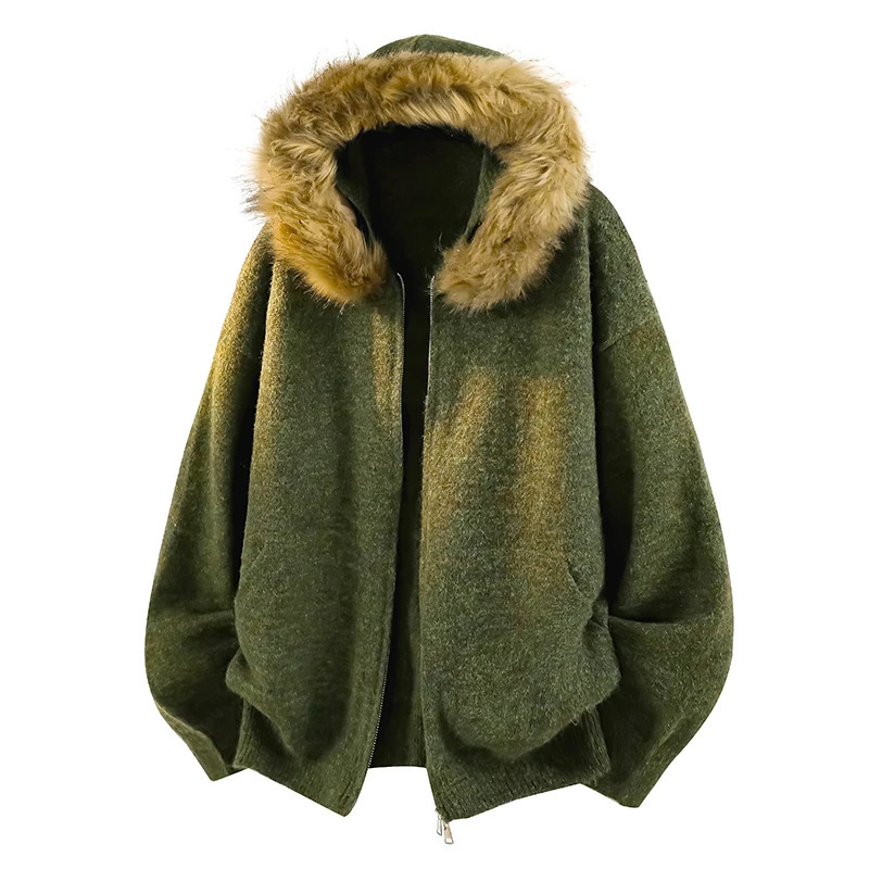 Mens Multi Color Hooded Knit Jacket Faux Fur Trim Zip Up Oversized Warm Trendy Winter Casual Outfits 250929