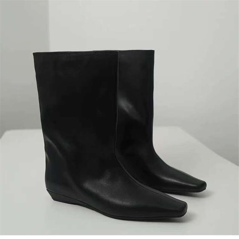 2025 Autumn Winter New Korean Fashion Simple Square Toe Versatile heelegant Low heel Riding Women's Mid-Calf Boots