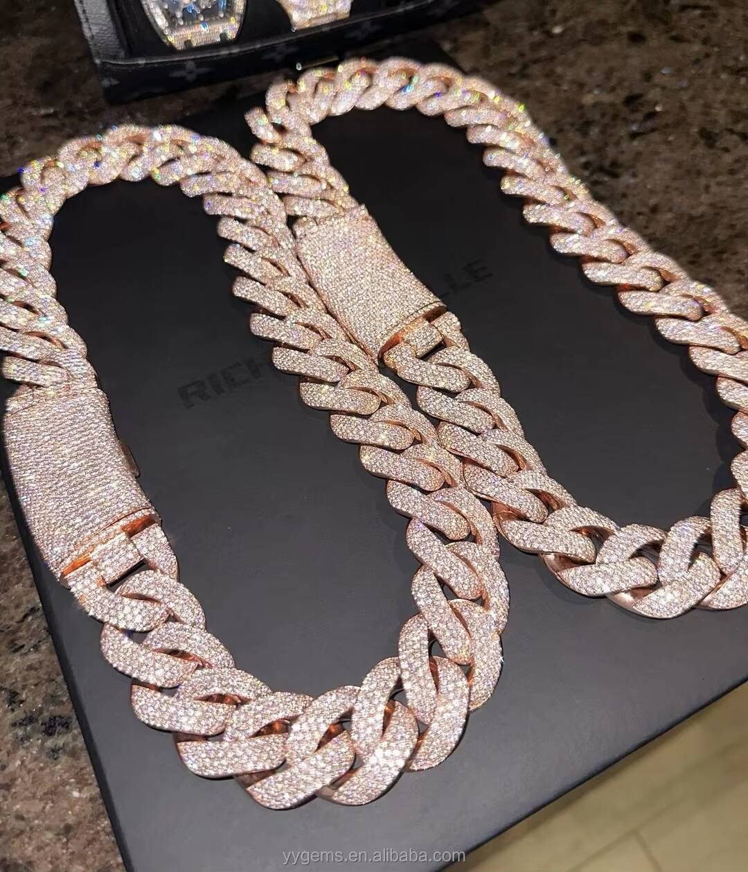 Heavy Silver Cuban Link Chain Iced Out 56 Rows VVS Moissanite Diamond Necklace for Mens Hiphop Jewelry
