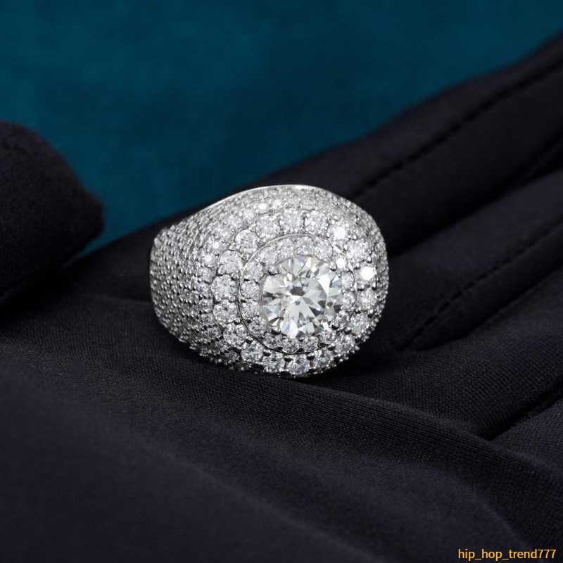 Hip Hop VVS D Color Moissanite Bling Mens Cluster Double Halo Signet Ring With 925 Sterling Silver Pass Diamond Tester GRA A