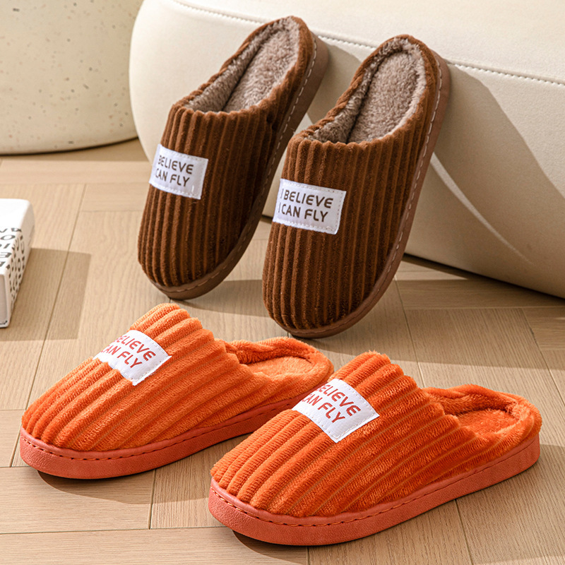Home Cotton Slippers for Men, Autumn and Winter 2025 New Indoor Non-Slip Thick Sole Striped Plush Slippers, Warm ddmymarket