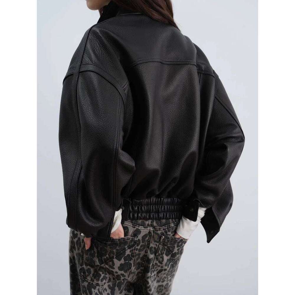 Black Short Genuine Leather Jacket for Women Spring Autumn High-end Simple Zipper Stand Collar Casual Bubble Real Sheepskin Coat