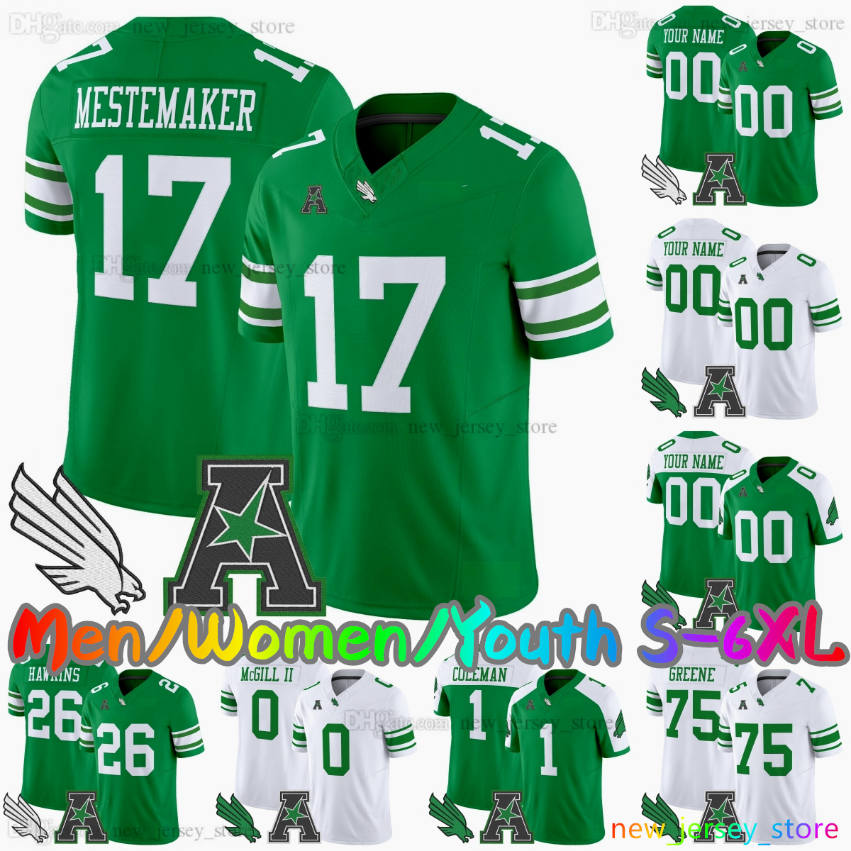 2025 Custom S-6XL North Texas Mean Green Football Jersey 17 Drew Mestemaker 0 Makenzie McGill II 1 Miles Coleman 7 Shane Whitter Reese Poffenbarger Stitched Jerseys