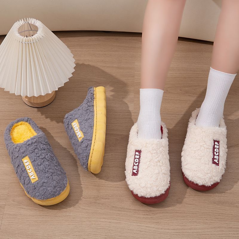 New Slippers for Women, Autumn and Winter Indoor Home Warm Outdoor Non-Slip Thick Sole Fleece-Lined Lettered Soft Cotton Shoes ddmymarket