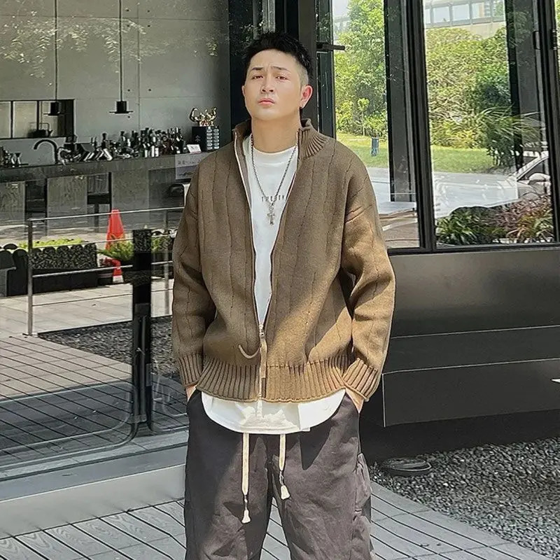 Knitted Cardigan Male with Zipper Jackets Solid Color Mens Sweaters Loose Purple Long Sleeve Original High Quality Woven 250929