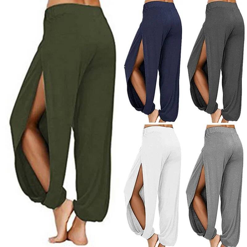 Summer High Slit Haren for Women Sports Yoga Solid Loose Hippie Harem Wide Leg Pants Trousers dongdumaoyi