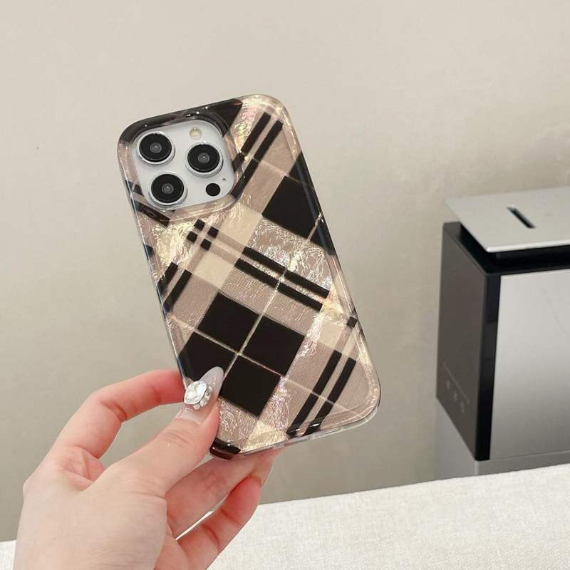 Black Checkered Aesthetic Bling Phone Case for iPhone 16/15 ,Trendy Timeless Glitter Cool Girls Women Preppy Design Protective Cover for iPhone 14/13