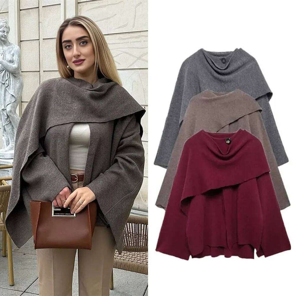 Ladies Autumn Winter Women Casual Commuter Knitted Loose Oversize Coat Asymmetric Elegant Split Chic Scarf Jacket