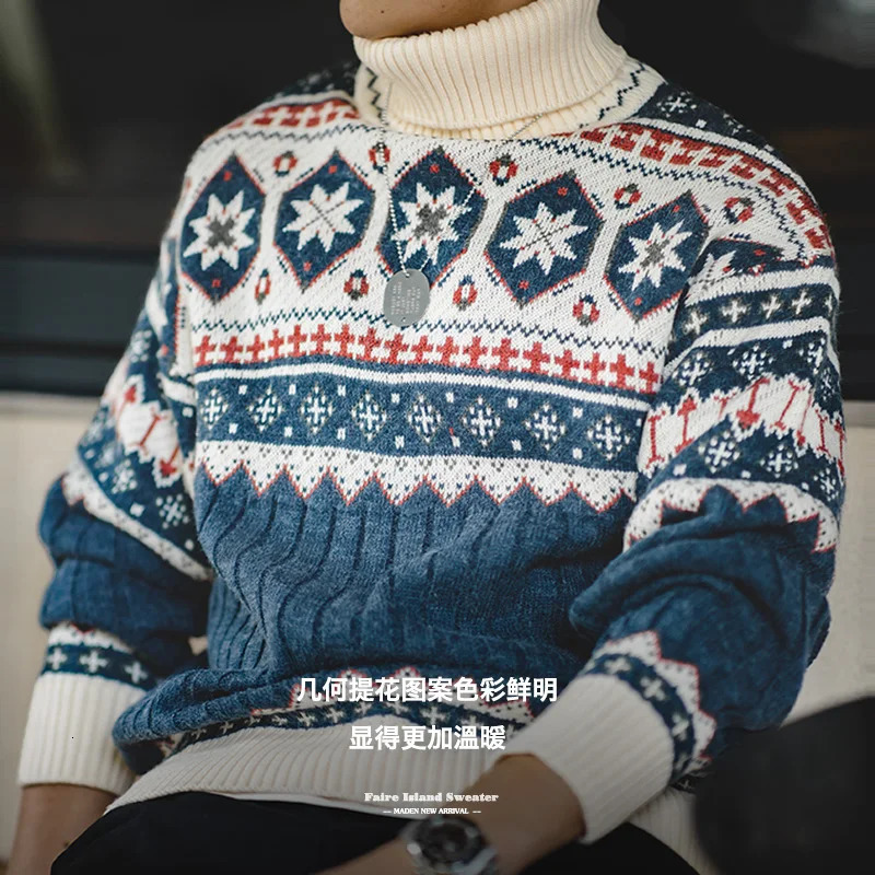 Maden Vintage Fair Isle Knitted Sweater Christmas Warm Turtleneck Knitted Pullover Barnstyle Warm Knitwear for Mens Winter 250930