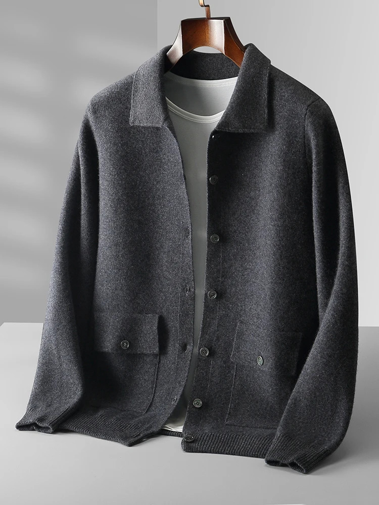 Autumn Winter Mens Sweater Cardigan 100 Merino Wool Knitwear Polo Collar Coat Button Pockets Cashmere Comfortable Clothing Top 250929