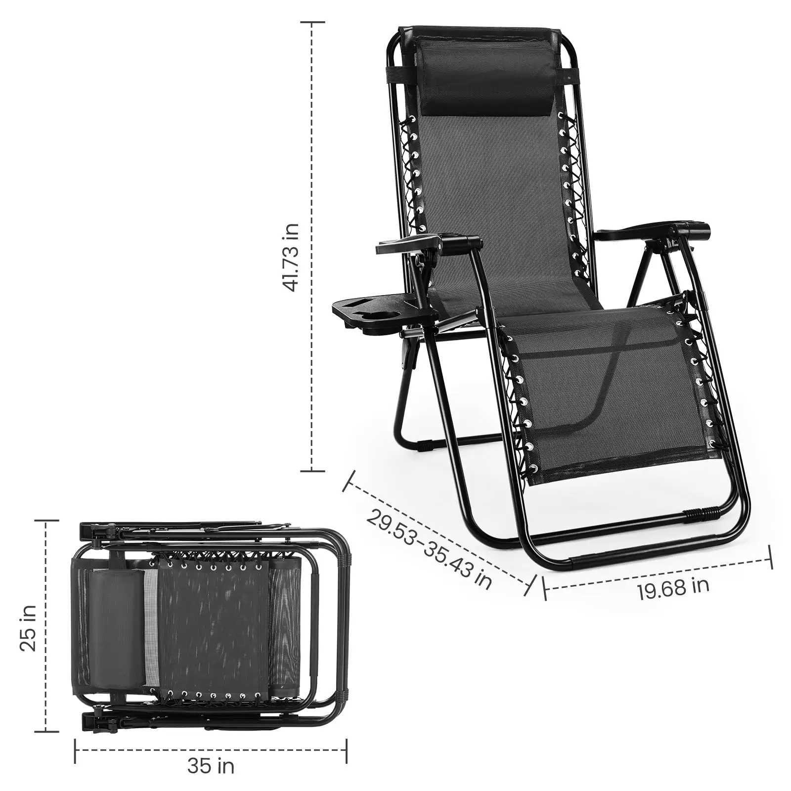 JHK Zero Gravity Set of 2 Portable Recliner Camping Patio Outdoor Garden Lounge Chair with Cup Holder Trays Adjustable Pillow J250930