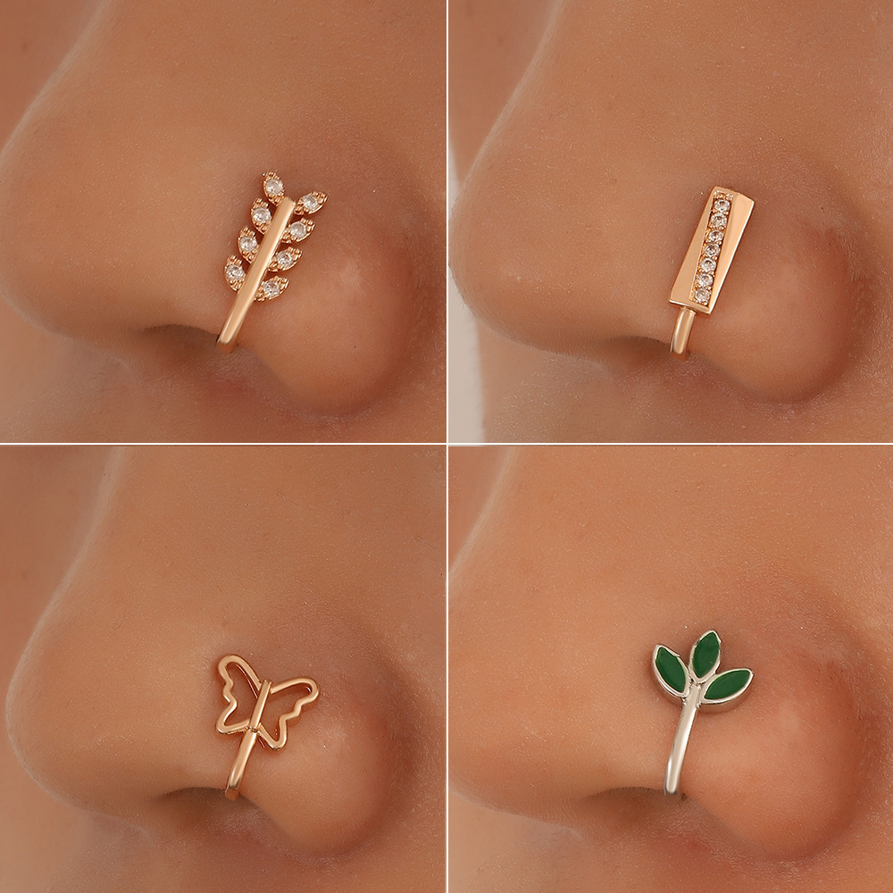 Non-Piercing Clip Ring Copper Inlaid Zircon U-Shaped Leaf Butterfly Nose Stud Piercing Jewelry