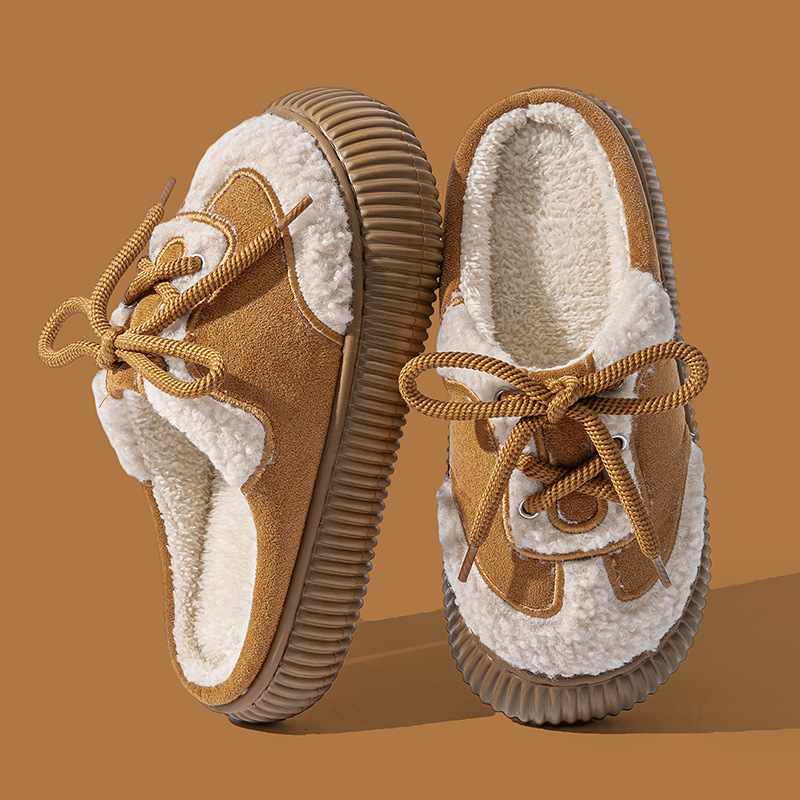 Korean Style Thick-Soled Winter 2025 New Plush Half for Women Outdoor Lace-Up Closed-Toe Cotton Slippers ddmymarket