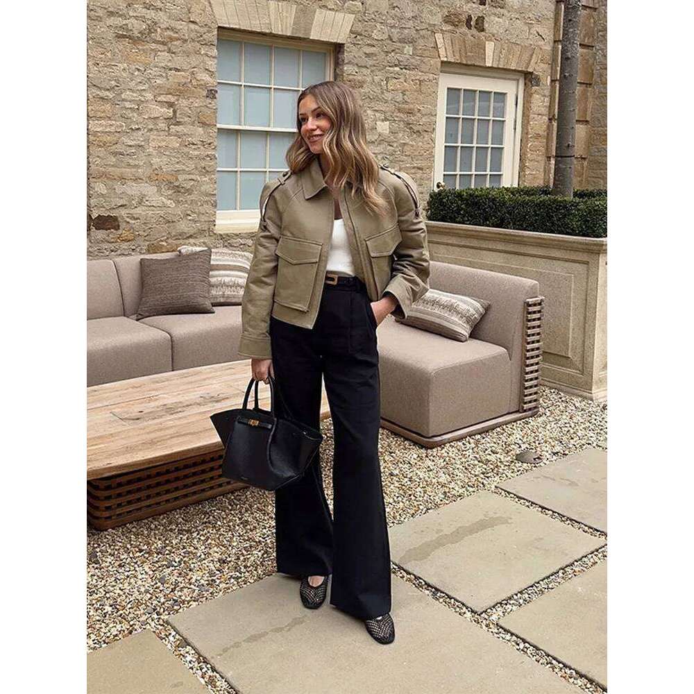 Vintage Women's Short Jacket Pockets Zipper Full Sleeve Khaki Green Thick Coats 2025 Spring Autumn Lady Loose Street Outwear