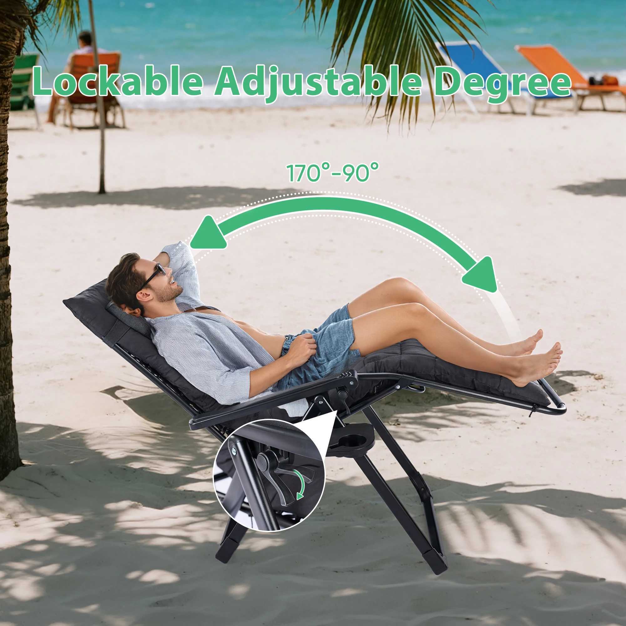 JHK Zero Gravity Recliner Camping Patio Lounge Chair Folding Portable with Cup Holder Trays Removable Cushion For Outdoor Garden J250930
